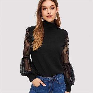 SHEIN Women Black High Neck Lace Blouse Size L
